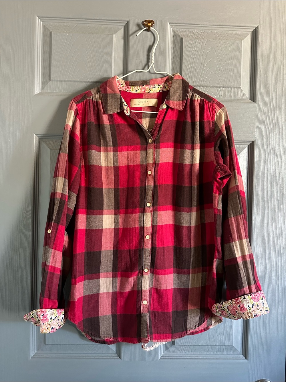 Anthropologie Isabella Sinclair Red/Pink Plaid Lace Back Blouse Size S